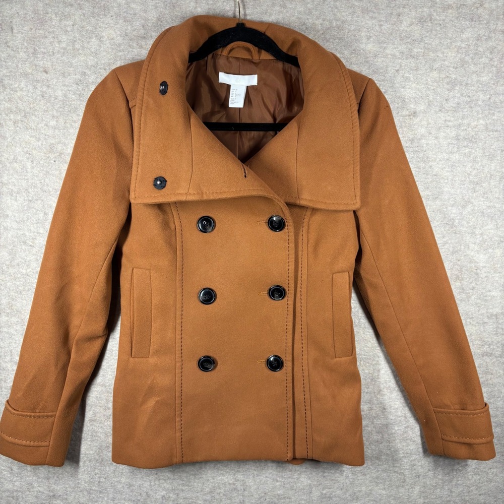 HM Womens Double Breasted Pea Coat Camel Brown Size 2 Short Jacket Funnel‎ Neck